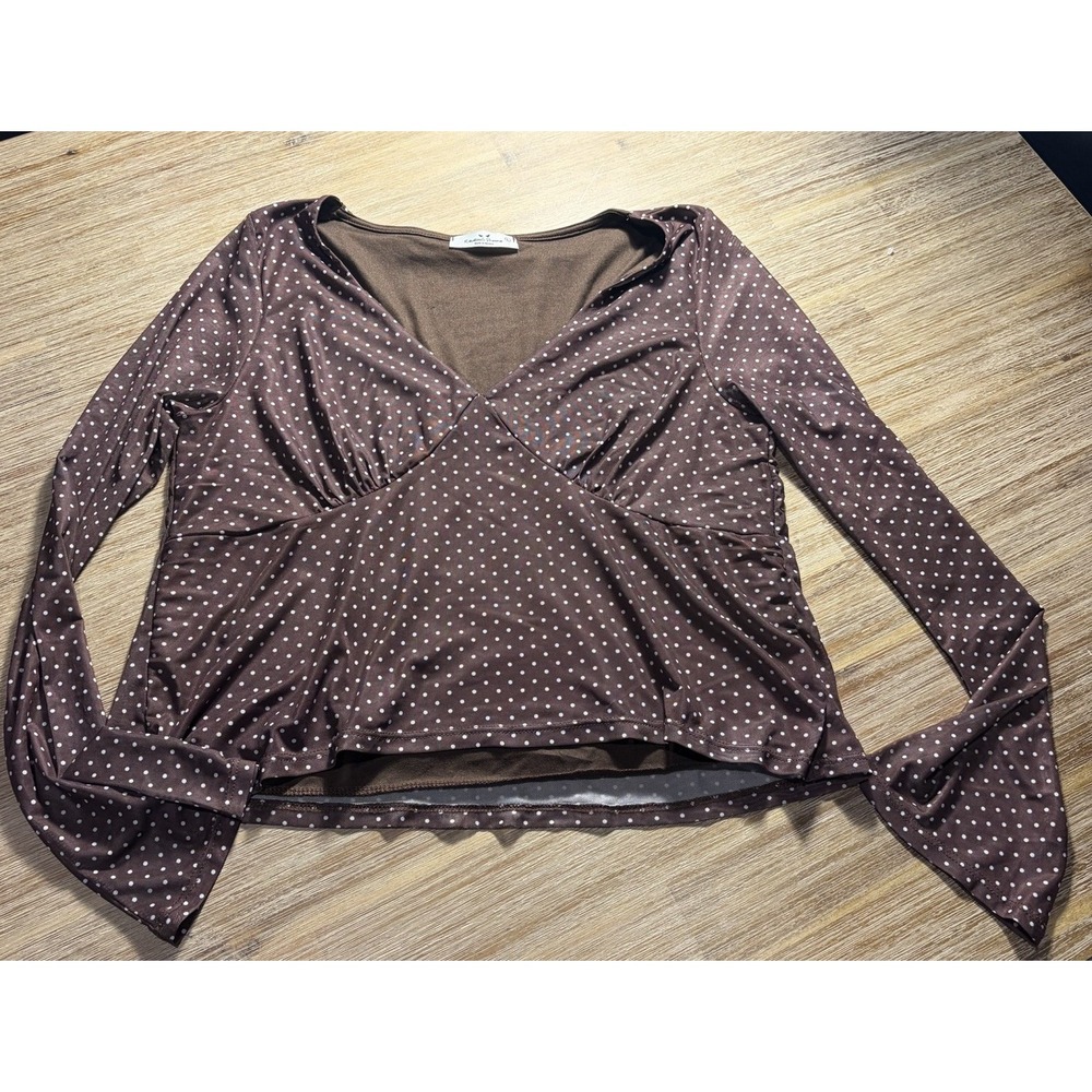 Rebellious Dreamer Brown Polka Dot Mesh Top V-Neck Y2K Whimsigoth L